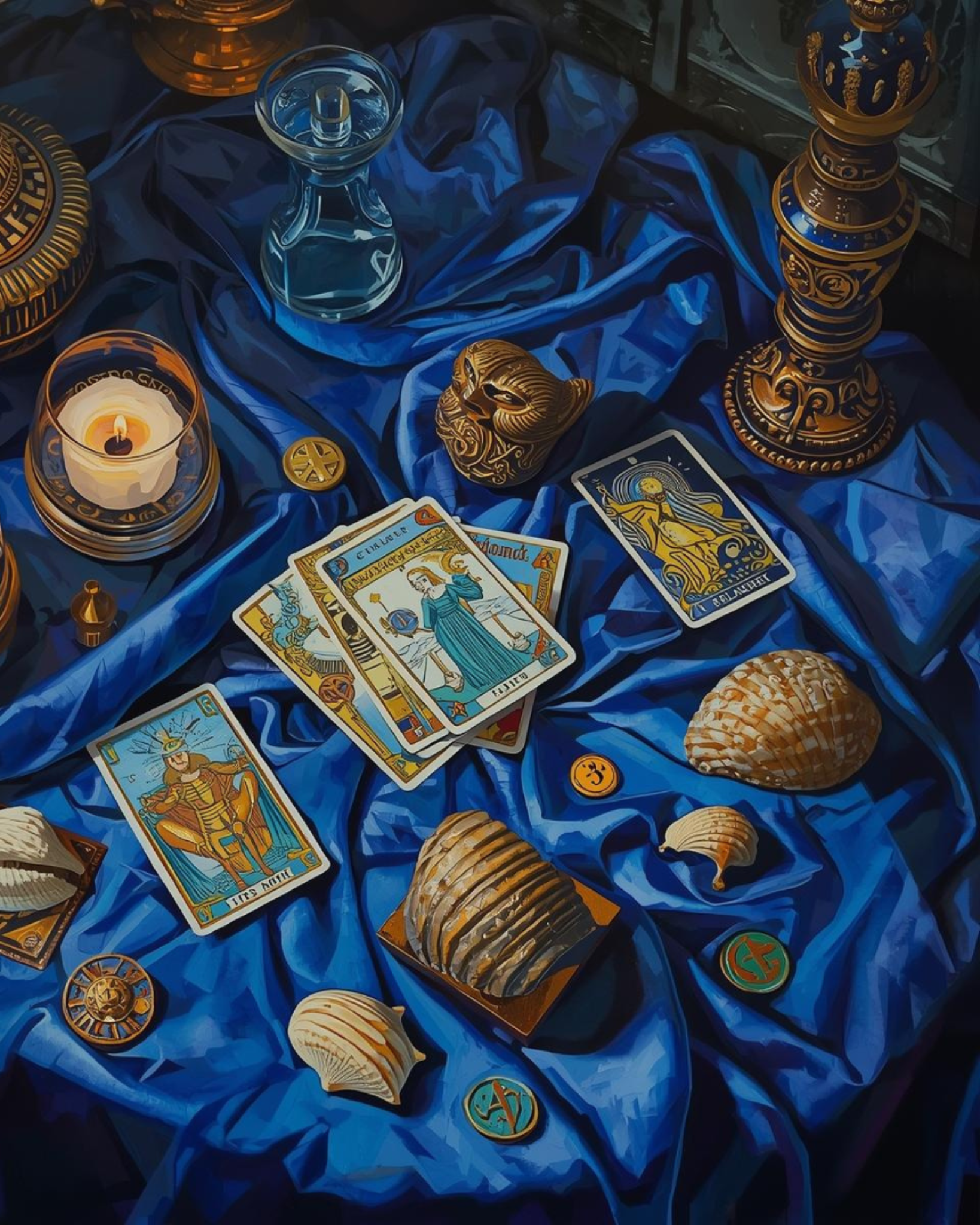 Imagem de cartas com búzios em azul e dourado
